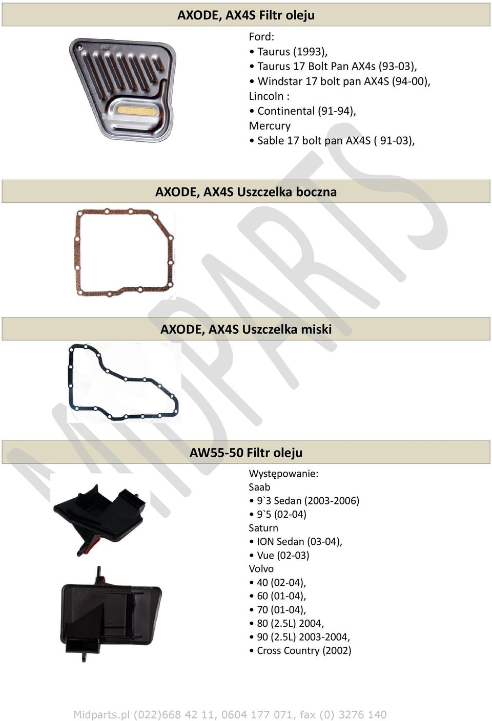 AXODE, AX4S Uszczelka miski AW55-50 Filtr oleju Saab 9`3 Sedan (2003-2006) 9`5 (02-04) Saturn ION Sedan