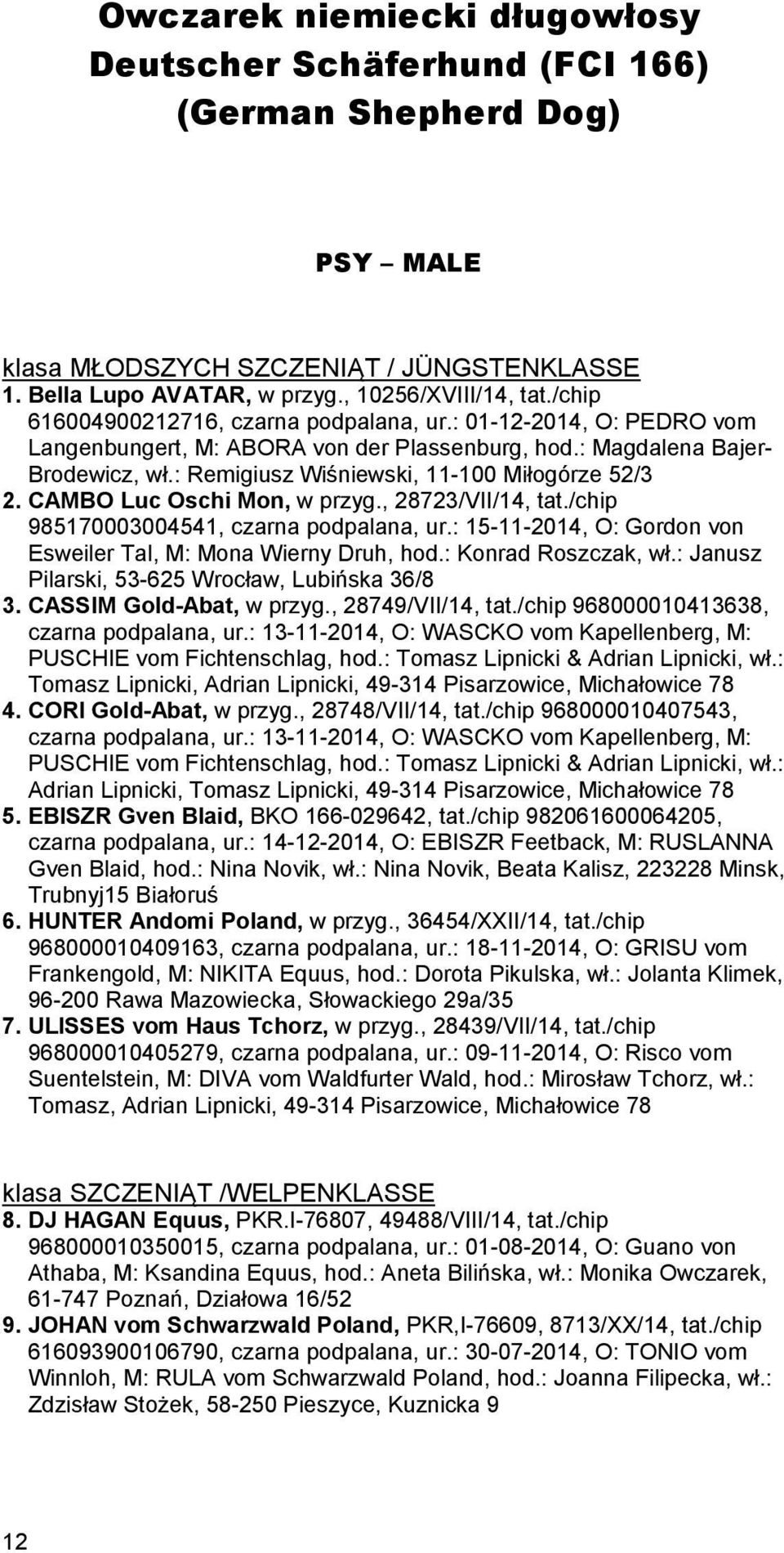 : Remigiusz Wiśniewski, 11-100 Miłogórze 52/3 2. CAMBO Luc Oschi Mon, w przyg., 28723/VII/14, tat./chip 985170003004541, czarna podpalana, ur.