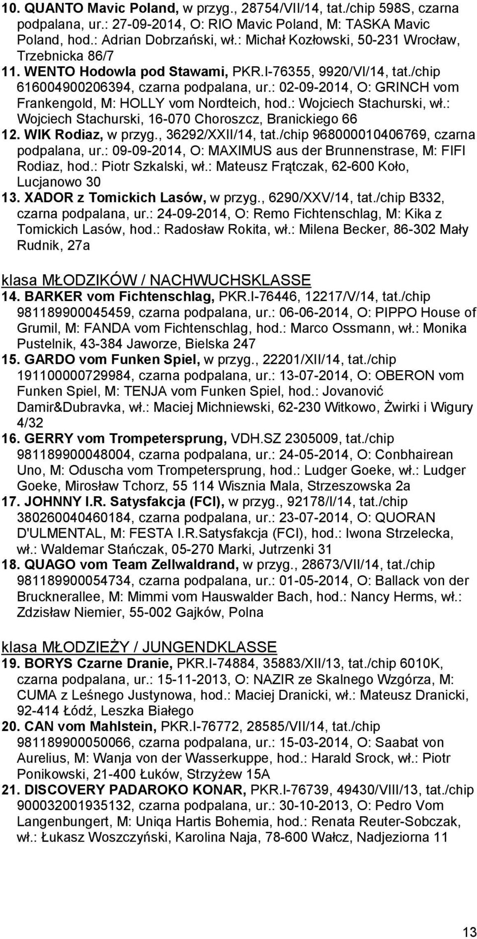 : 02-09-2014, O: GRINCH vom Frankengold, M: HOLLY vom Nordteich, hod.: Wojciech Stachurski, wł.: Wojciech Stachurski, 16-070 Choroszcz, Branickiego 66 12. WIK Rodiaz, w przyg., 36292/XXII/14, tat.