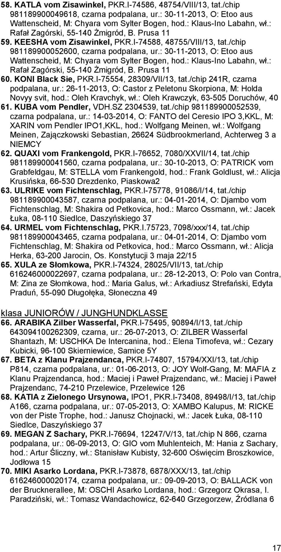 : 30-11-2013, O: Etoo aus Wattenscheid, M: Chyara vom Sylter Bogen, hod.: Klaus-Ino Labahn, wł.: Rafał Zagórski, 55-140 Żmigród, B. Prusa 11 60. KONI Black Sie, PKR.I-75554, 28309/VII/13, tat.