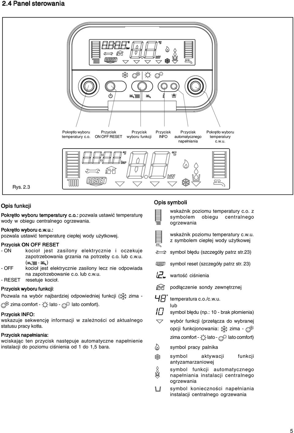 Przycisk ON OFF RESET - ON kocioł jest zasilony elektrycznie i oczekuje zapotrzebowania grzania na potrzeby c.o. lub c.w.u. ( - ) - OFF kocioł jest elektrycznie zasilony lecz nie odpowiada na zapotrzebowanie c.