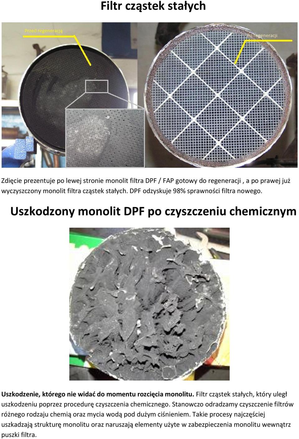 Uszkodzony monolit DPF po czyszczeniu chemicznym Uszkodzenie, którego nie widać do momentu rozcięcia monolitu.