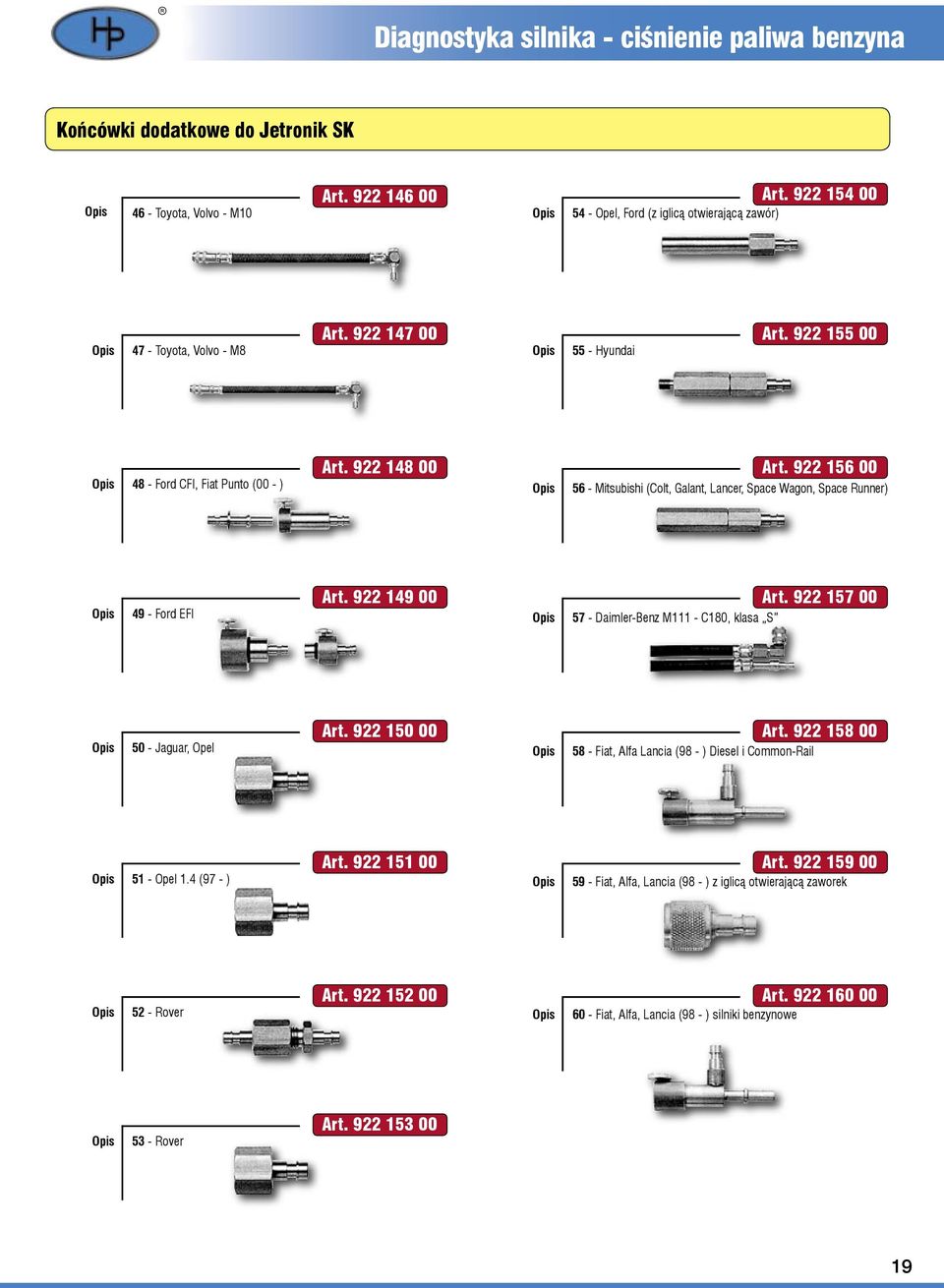 922 156 00 56 - Mitsubishi (Colt, Galant, Lancer, Space Wagon, Space Runner) 49 - Ford EFI Art. 922 149 00 57 - Daimler-Benz M111 - C180, klasa S Art. 922 157 00 - Jaguar, Opel Art.