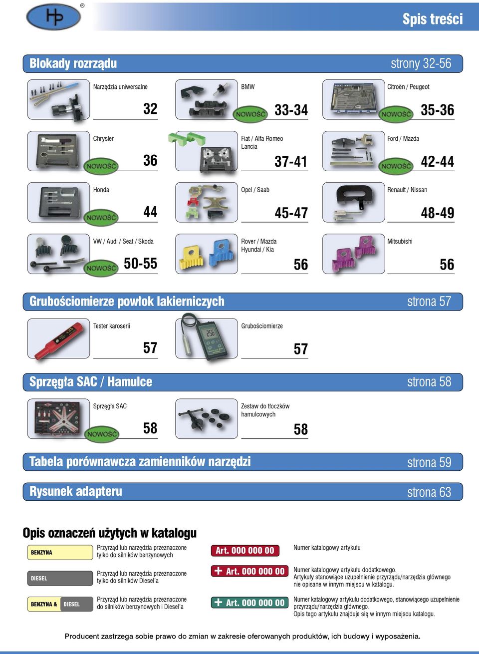 Sprzęgła SAC 58 Zestaw do tłoczków hamulcowych 58 Tabela porównawcza zamienników narzędzi strona 59 Rysunek adapteru strona 63 oznaczeń użytych w katalogu Przyrząd lub narzędzia przeznaczone tylko do