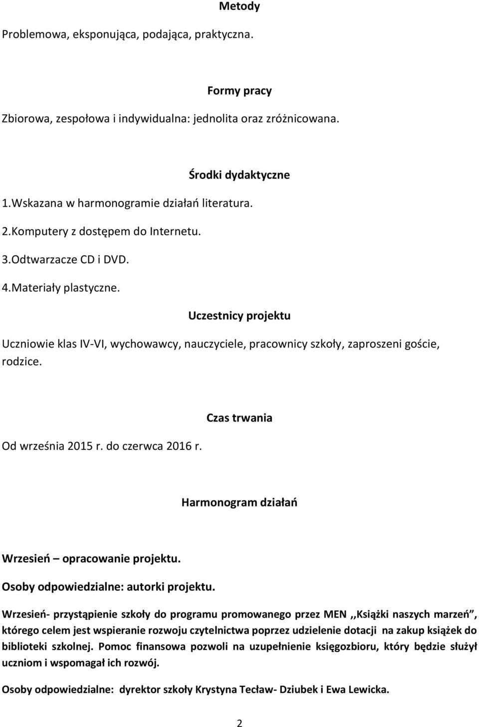 Od września 2015 r. do czerwca 2016 r. Czas trwania Harmonogram działań Wrzesień opracowanie projektu. Osoby odpowiedzialne: autorki projektu.