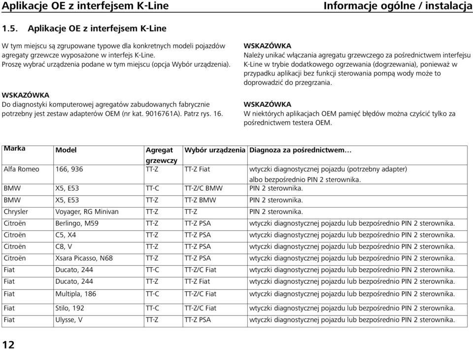 Proszę wybrać urządzenia podane w tym miejscu (opcja Wybór urządzenia). Do diagnostyki komputerowej agregatów zabudowanych fabrycznie potrzebny jest zestaw adapterów OEM (nr kat. 9016761A). Patrz rys.