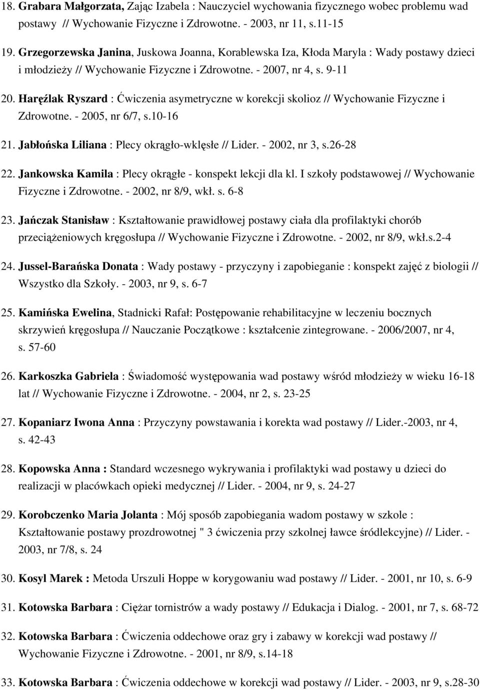 Haręźlak Ryszard : Ćwiczenia asymetryczne w korekcji skolioz // Wychowanie Fizyczne i Zdrowotne. - 2005, nr 6/7, s.10-16 21. Jabłońska Liliana : Plecy okrągło-wklęsłe // Lider. - 2002, nr 3, s.