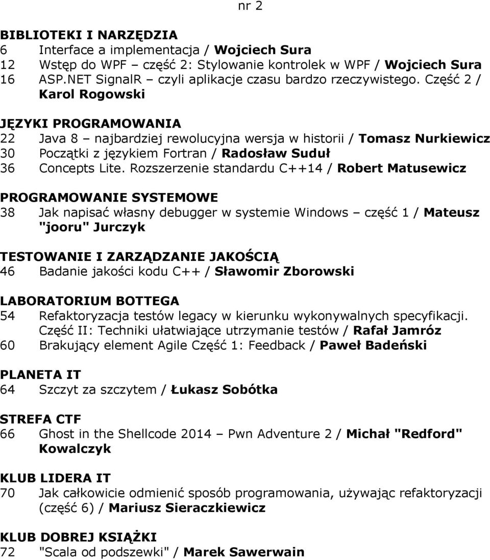 Rozszerzenie standardu C++14 / Robert Matusewicz PROGRAMOWANIE SYSTEMOWE 38 Jak napisać własny debugger w systemie Windows część 1 / Mateusz "jooru" Jurczyk TESTOWANIE I ZARZĄDZANIE JAKOŚCIĄ 46