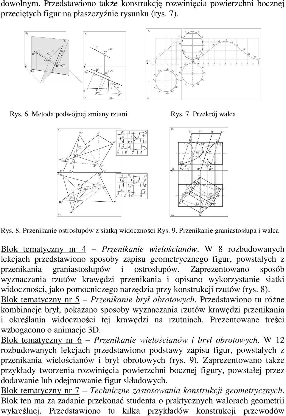 W 8 rozbudowanych lekcjach przedstawiono sposoby zapisu geometrycznego figur, powstałych z przenikania graniastosłupów i ostrosłupów.