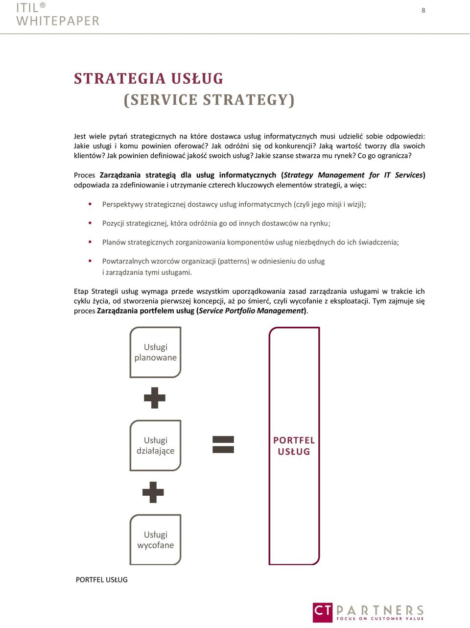 Proces Zarządzania strategią dla usług informatycznych (Strategy Management for IT Services) odpowiada za zdefiniowanie i utrzymanie czterech kluczowych elementów strategii, a więc: Perspektywy