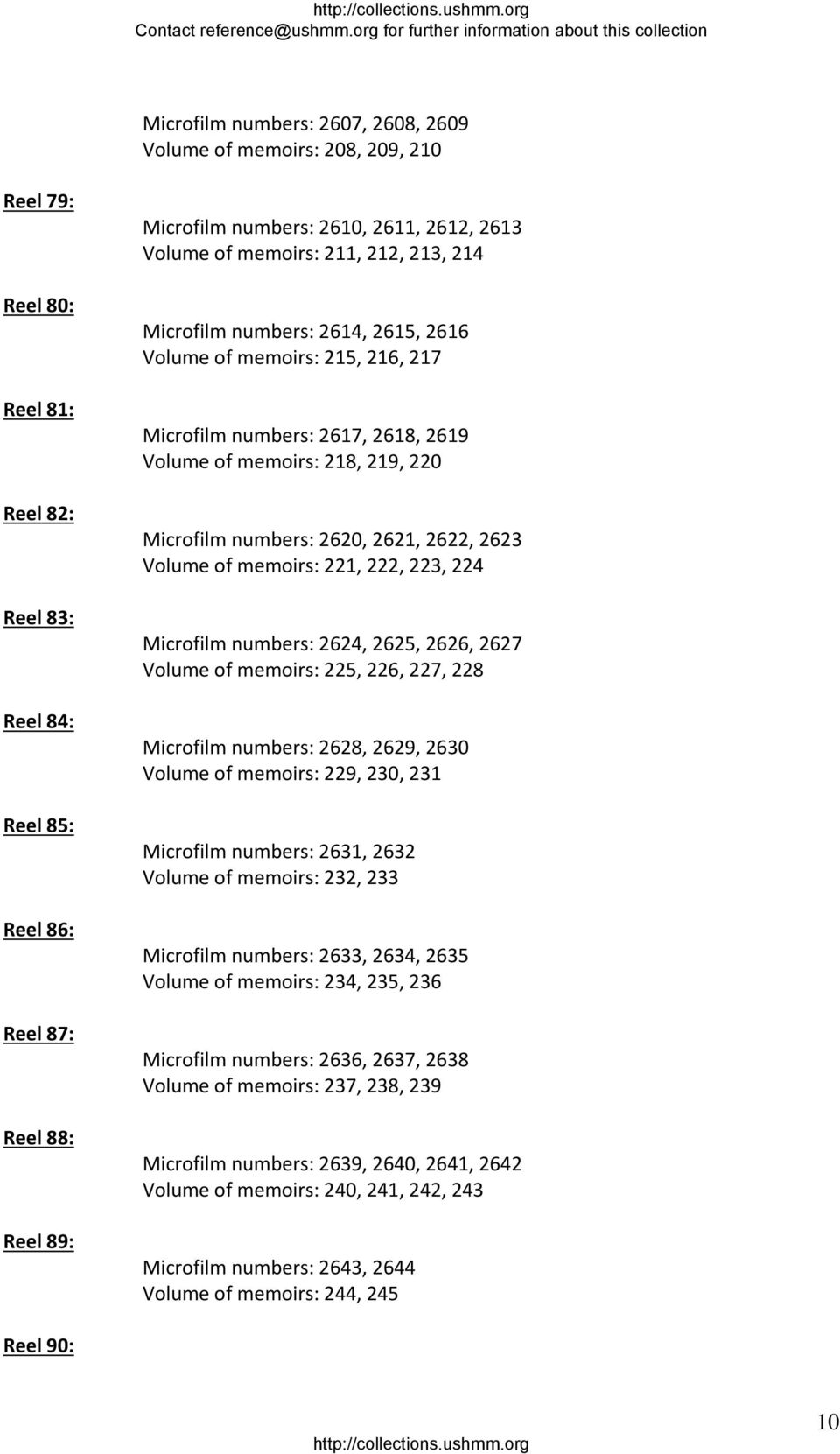 numbers: 2620, 2621, 2622, 2623 Volume of memoirs: 221, 222, 223, 224 Microfilm numbers: 2624, 2625, 2626, 2627 Volume of memoirs: 225, 226, 227, 228 Microfilm numbers: 2628, 2629, 2630 Volume of