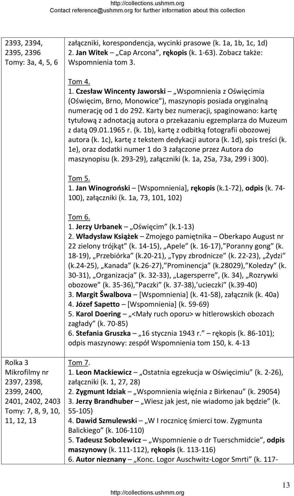 Karty bez numeracji, spaginowano: kartę tytułową z adnotacją autora o przekazaniu egzemplarza do Muzeum z datą 09.01.1965 r. (k. 1b), kartę z odbitką fotografii obozowej autora (k.