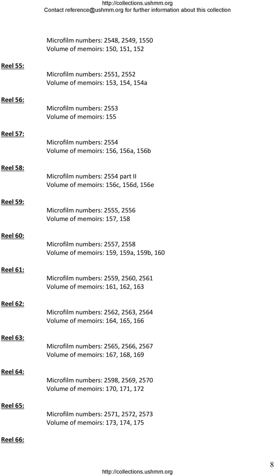 156d, 156e Microfilm numbers: 2555, 2556 Volume of memoirs: 157, 158 Microfilm numbers: 2557, 2558 Volume of memoirs: 159, 159a, 159b, 160 Microfilm numbers: 2559, 2560, 2561 Volume of memoirs: 161,