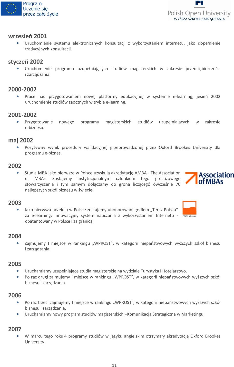 2000-2002 Prace nad przygotowaniem nowej platformy edukacyjnej w systemie e-learning; jesień 2002 uruchomienie studiów zaocznych w trybie e-learning.