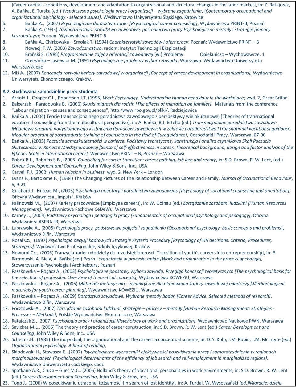 , (2007) Psychologiczne doradztwo karier [Psychological career counseling], Wydawnictwo PRINT-B, Poznań 7. Bańka A. (1995) Zawodoznastwo, doradztwo zawodowe, pośrednictwo pracy.