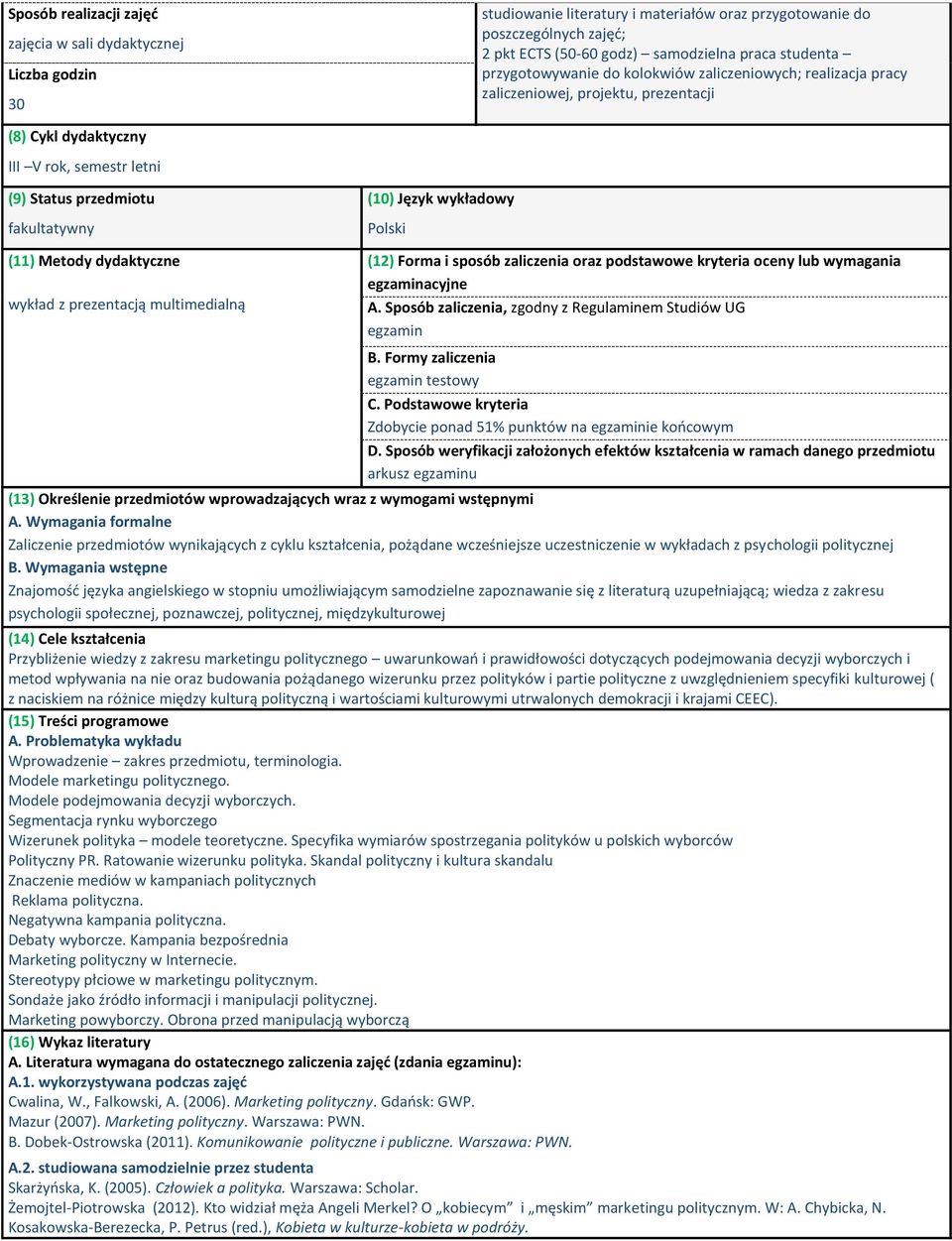 wykładowy Polski (11) Metody dydaktyczne wykład z prezentacją multimedialną (12) Forma i sposób zaliczenia oraz podstawowe kryteria oceny wymagania egzaminacyjne A.