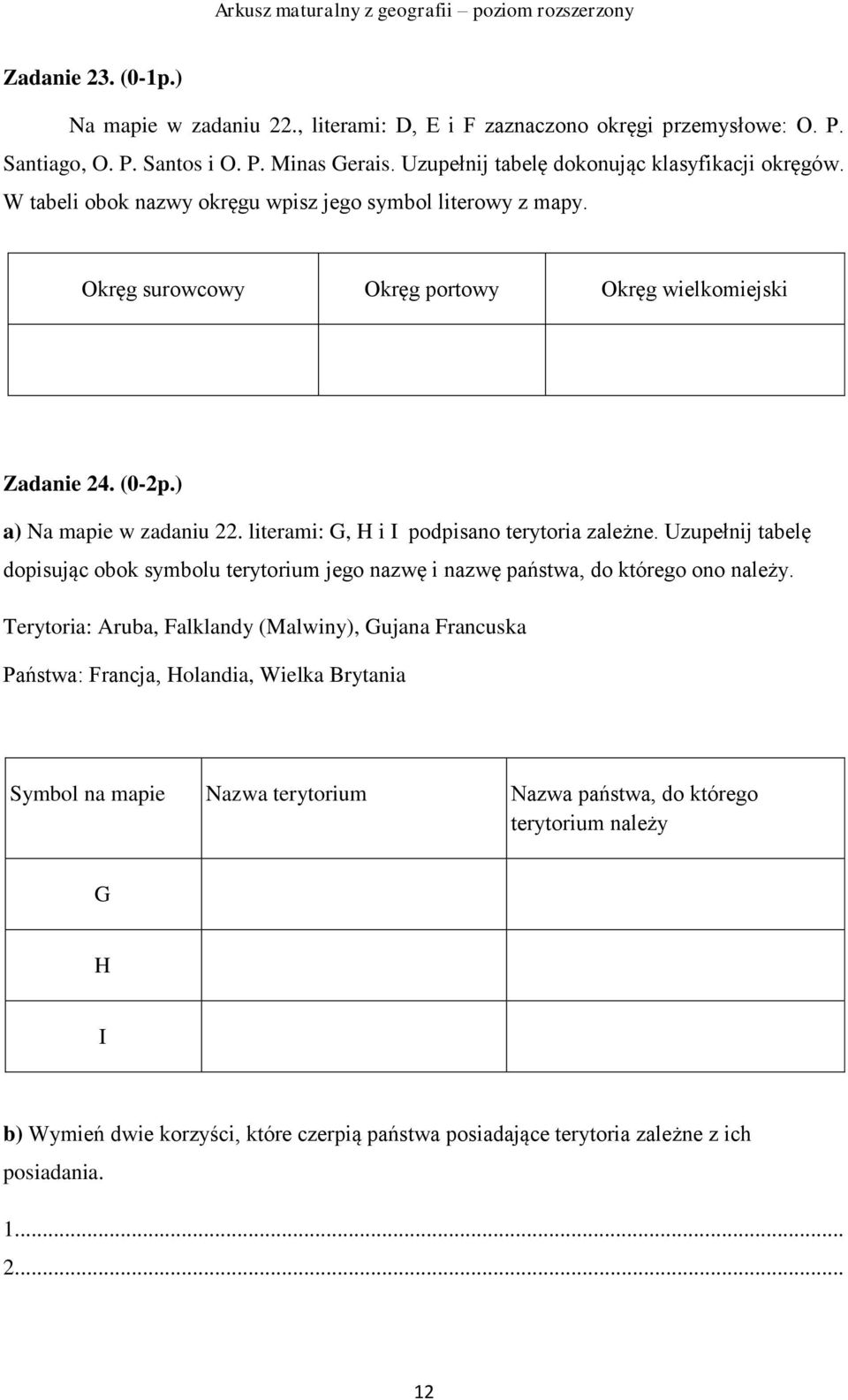 literami: G, H i I podpisano terytoria zależne. Uzupełnij tabelę dopisując obok symbolu terytorium jego nazwę i nazwę państwa, do którego ono należy.