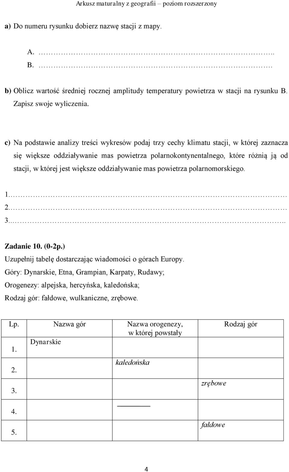 jest większe oddziaływanie mas powietrza polarnomorskiego. 1. 2. 3.... Zadanie 10. (0-2p.) Uzupełnij tabelę dostarczając wiadomości o górach Europy.