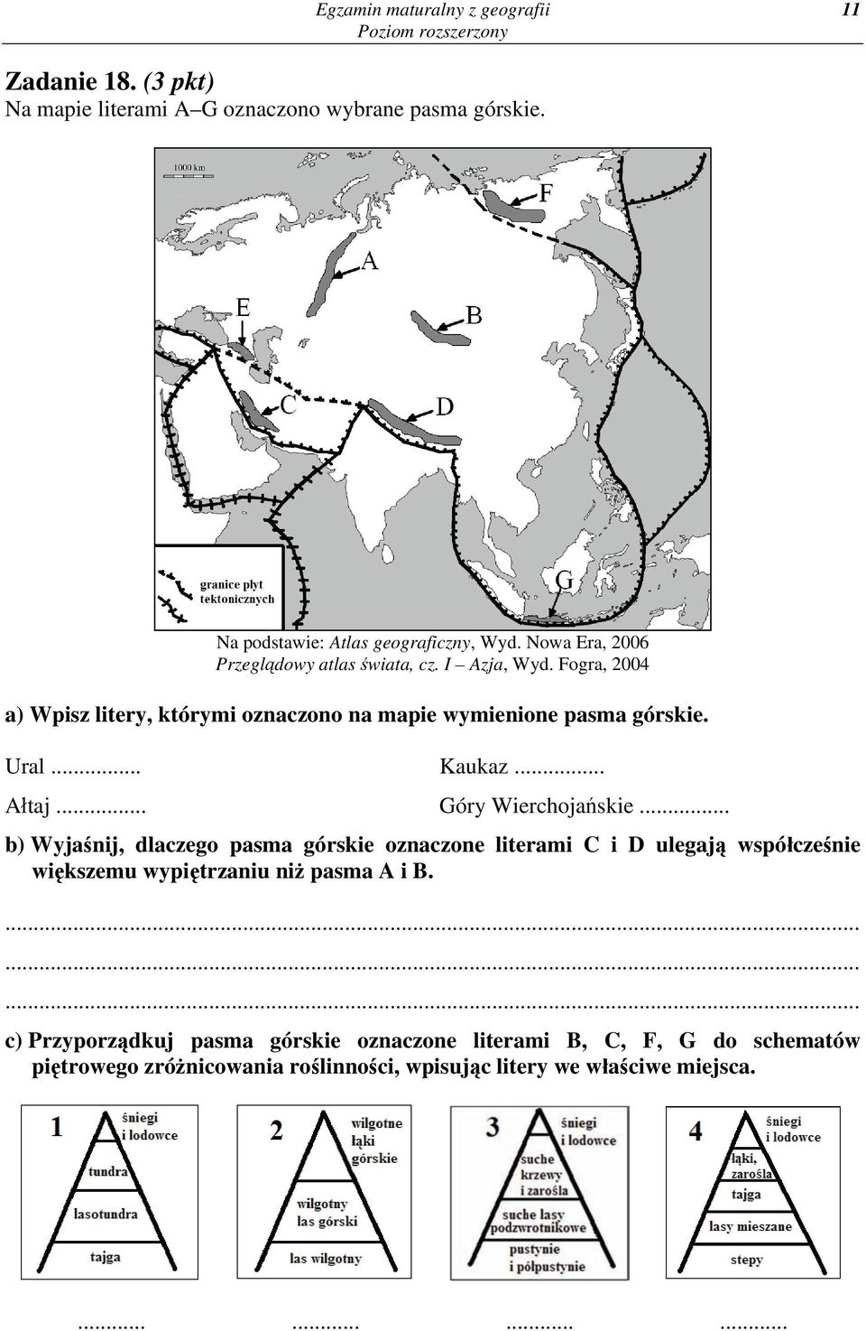 .. Ałtaj... Góry Wierchojańskie... b) Wyjaśnij, dlaczego pasma górskie oznaczone literami C i D ulegają współcześnie większemu wypiętrzaniu niż pasma A i B.