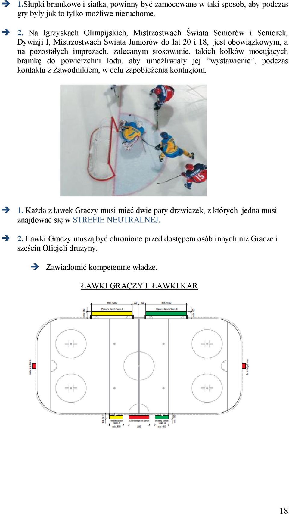 stosowanie, takich kołków mocujących bramkę do powierzchni lodu, aby umożliwiały jej wystawienie, podczas kontaktu z Zawodnikiem, w celu zapobieżenia kontuzjom. 1.