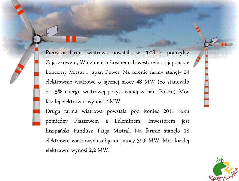 Na terenie farmy stanęły 24 elektrownie wiatrowe o łącznej mocy 48 MW (co stanowiło ok. 5% energii wiatrowej pozyskiwanej w całej Polsce).