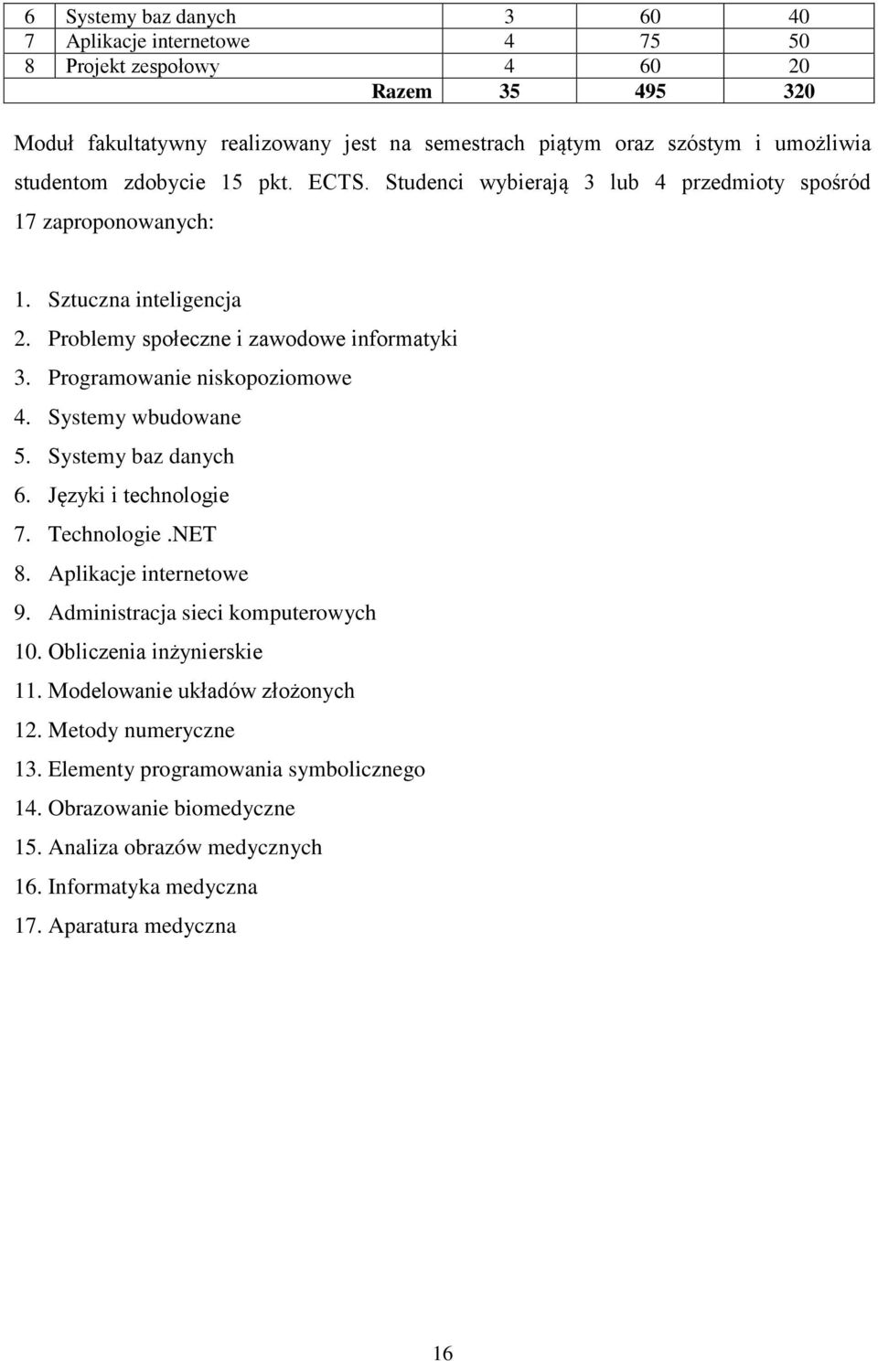 Programowanie niskopoziomowe 4. Systemy wbudowane 5. Systemy baz danych 6. Języki i technologie 7. Technologie.NET 8. Aplikacje internetowe 9. Administracja sieci komputerowych 10.