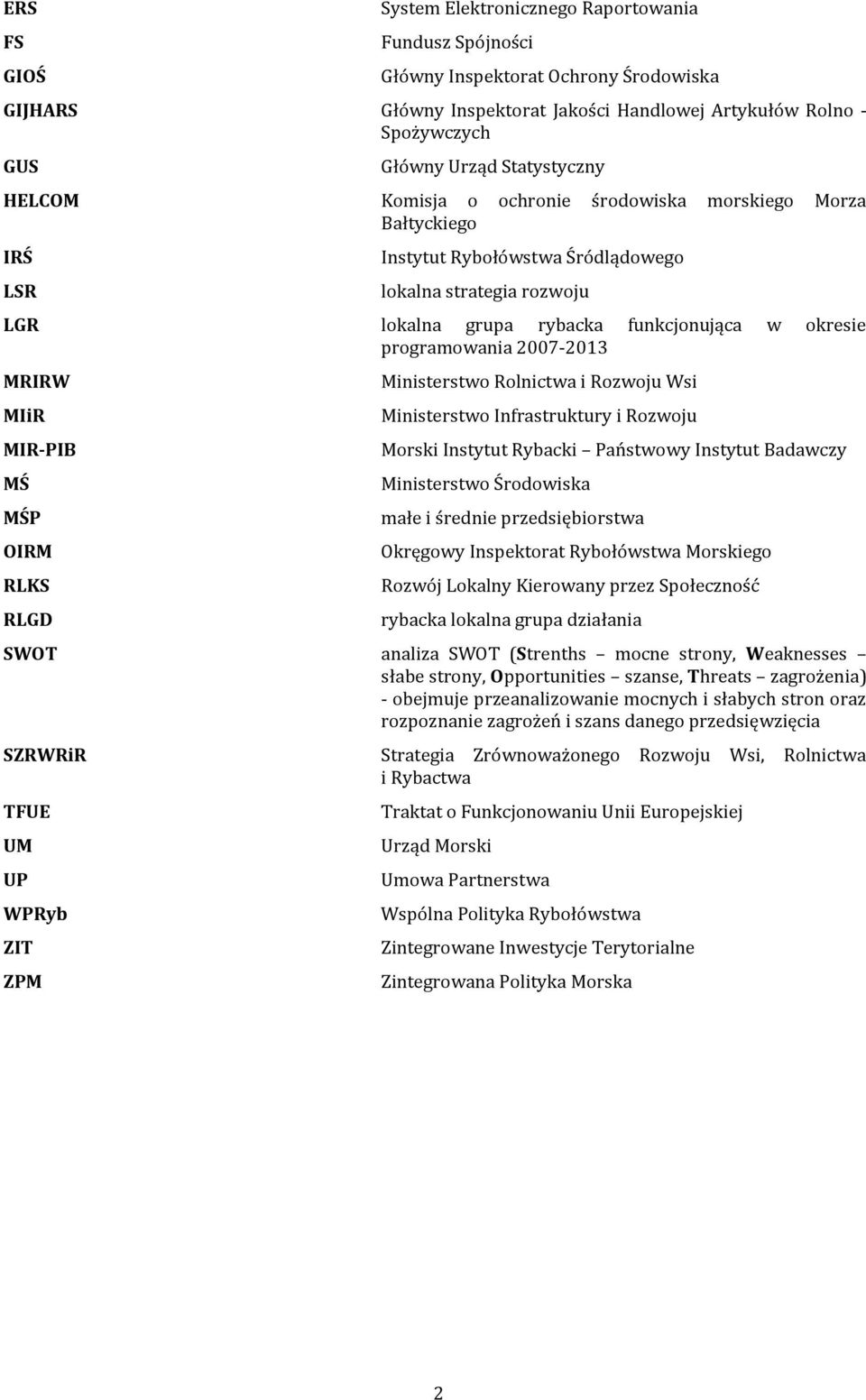 programowania 2007-2013 MRIRW MIiR MIR-PIB MŚ MŚP OIRM RLKS RLGD Ministerstwo Rolnictwa i Rozwoju Wsi Ministerstwo Infrastruktury i Rozwoju Morski Instytut Rybacki Państwowy Instytut Badawczy