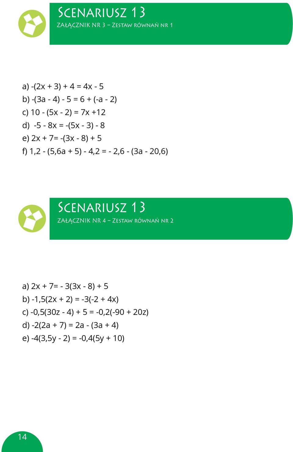 f) 1,2 (5,6a + 5) 4,2 = 2,6 + (3,6a + 20,6) f) 1,2 - (5,6a + 5) - 4,2 = - 2,6 - (3a - 20,6) Scenariusz 13 ZAŁĄCZNIK załącznik nr NR 4 interaktywna Zestaw równań waga nr 2 zestaw ćwiczeń nr 2 a) 2x +