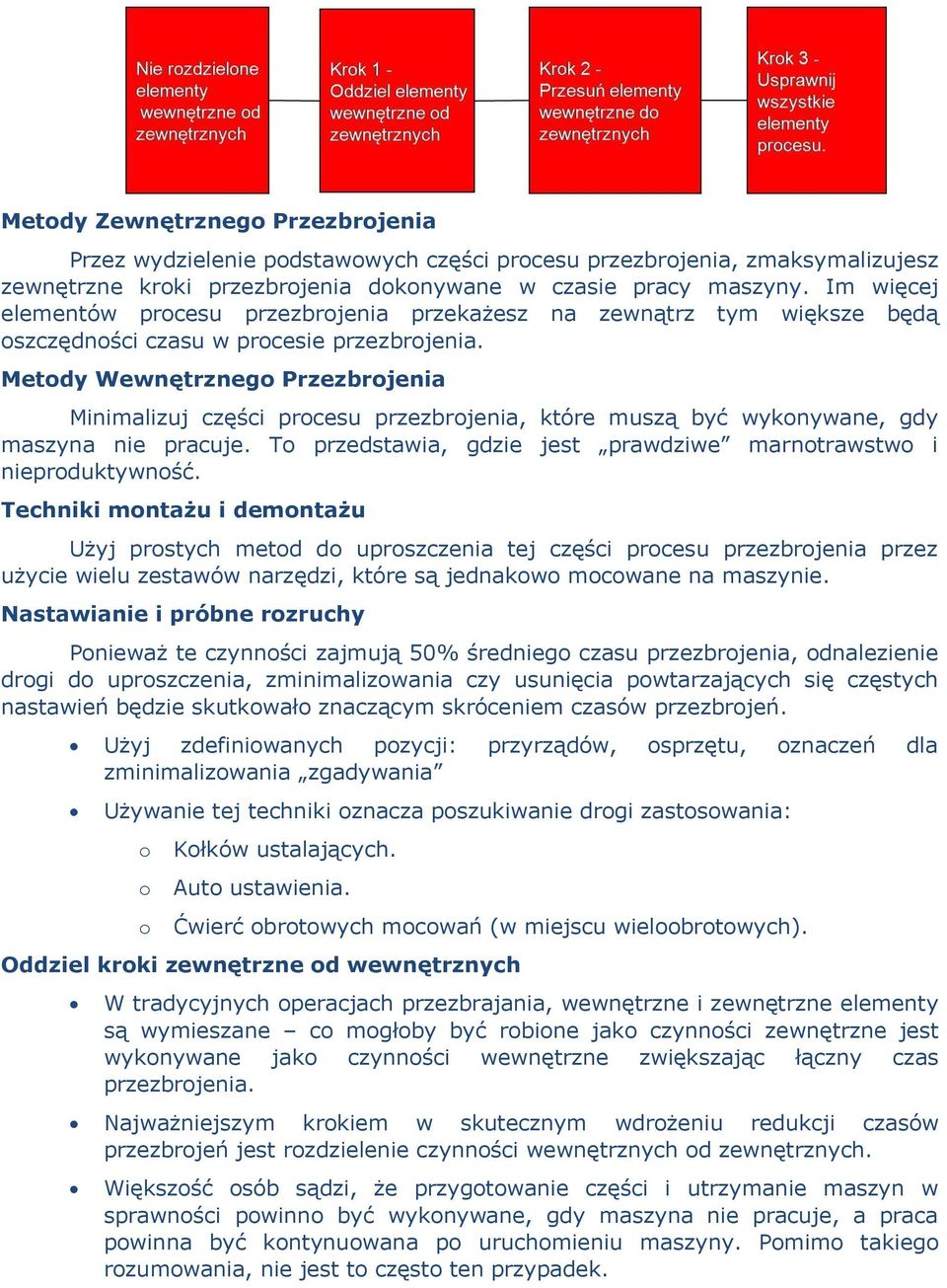 Metody Wewnętrznego Przezbrojenia Minimalizuj części procesu przezbrojenia, które muszą być wykonywane, gdy maszyna nie pracuje. To przedstawia, gdzie jest prawdziwe marnotrawstwo i nieproduktywność.