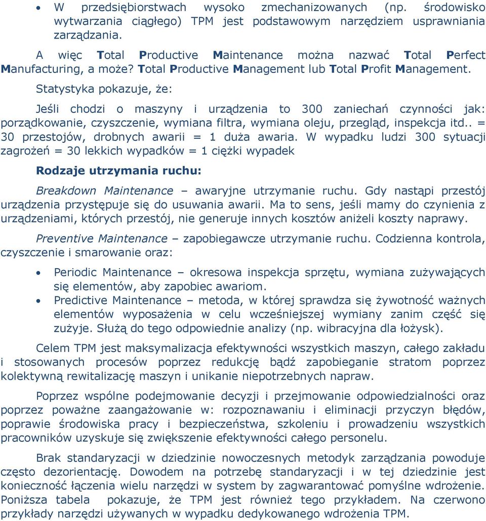 Statystyka pokazuje, że: Jeśli chodzi o maszyny i urządzenia to 300 zaniechań czynności jak: porządkowanie, czyszczenie, wymiana filtra, wymiana oleju, przegląd, inspekcja itd.