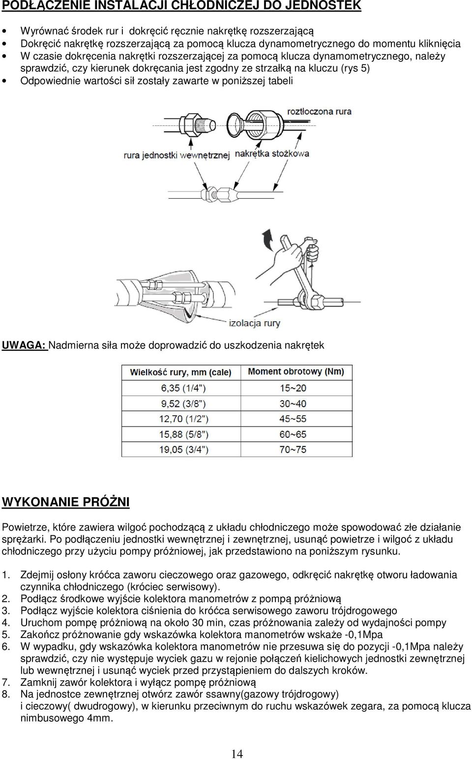 zawarte w poniższej tabeli UWAGA: Nadmierna siła może doprowadzić do uszkodzenia nakrętek WYKONANIE PRÓŻNI Powietrze, które zawiera wilgoć pochodzącą z układu chłodniczego może spowodować złe