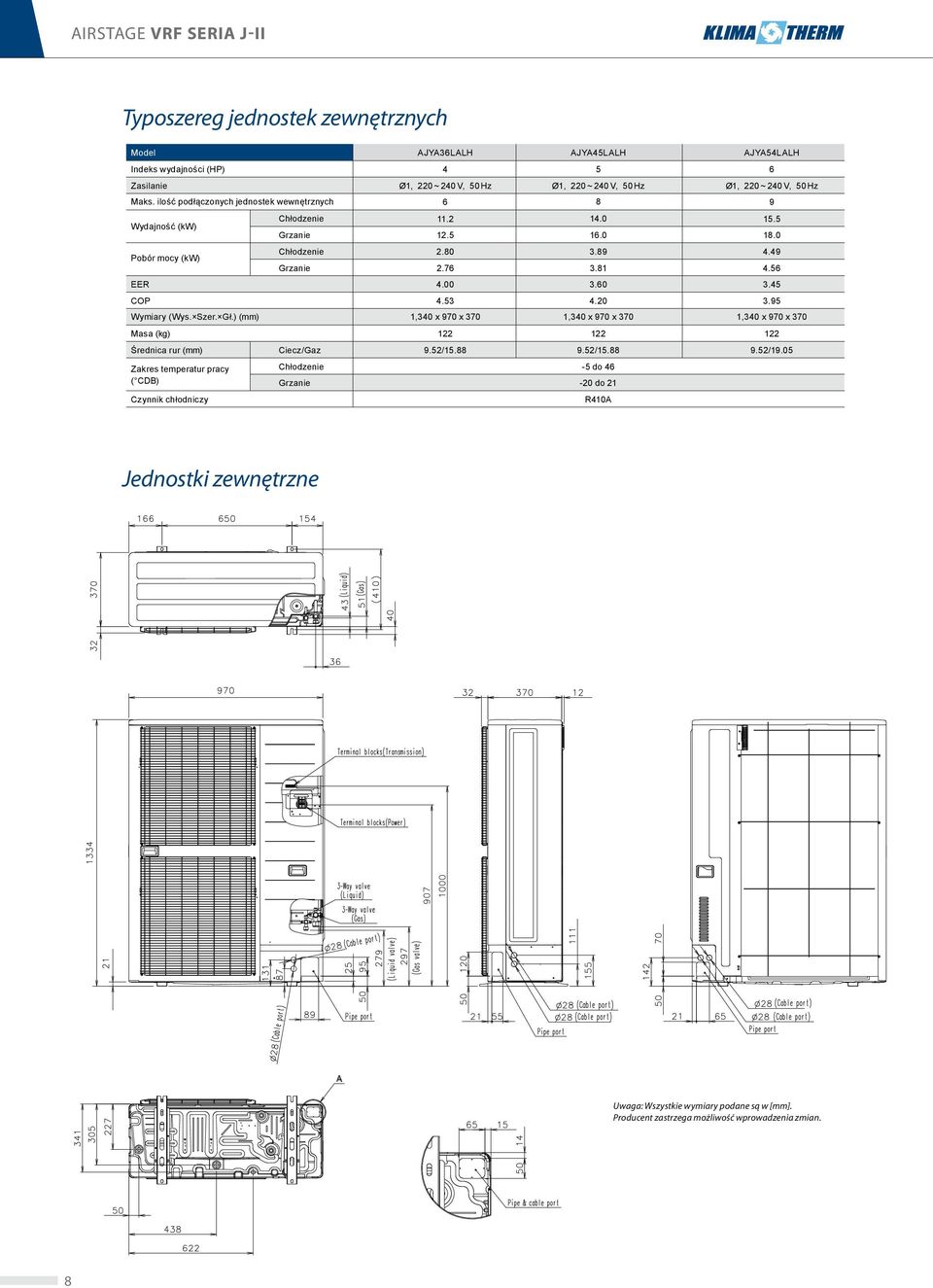 ) (mm) Masa (kg) Średnica rur (mm) Zakres temperatur pracy ( CDB) Czynnik chłodniczy Chłodzenie Grzanie Ciecz/Gaz Chłodzenie Grzanie AJYA36LALH AJYA45LALH AJYA54LALH 4 5 6 Ø1, 220 ~ 240 V, 50 Hz Ø1,
