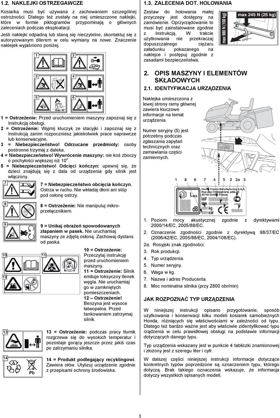 Jeśli naklejki odpadną lub staną się nieczytelne, skontaktuj się z autoryzowanym dilerem w celu wymiany na nowe. Znaczenie naklejek wyjaśniono poniżej. 1.3. ZALECENIA DOT.