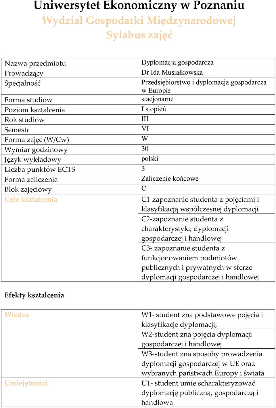 w Europie stacjonarne I stopień III VI W Zaliczenie końcowe C C1-zapoznanie studenta z pojęciami i klasyfikacją współczesnej dyplomacji C2-zapoznanie studenta z charakterystyką dyplomacji