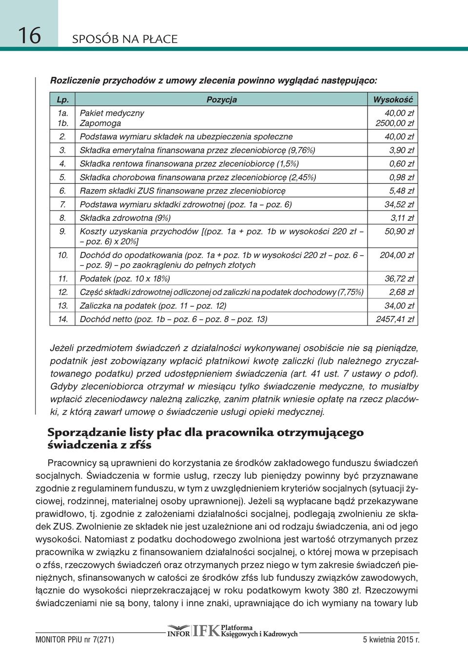 Składka rentowa finansowana przez zleceniobiorcę (1,5%) 0,60 zł 5. Składka chorobowa finansowana przez zleceniobiorcę (2,45%) 0,98 zł 6. Razem składki ZUS finansowane przez zleceniobiorcę 5,48 zł 7.