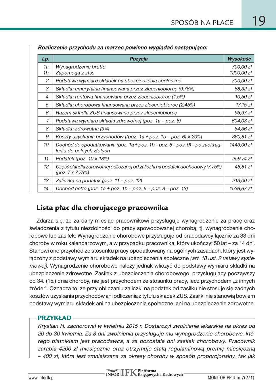 Składka rentowa finansowana przez zleceniobiorcę (1,5%) 10,50 zł 5. Składka chorobowa finansowana przez zleceniobiorcę (2,45%) 17,15 zł 6.