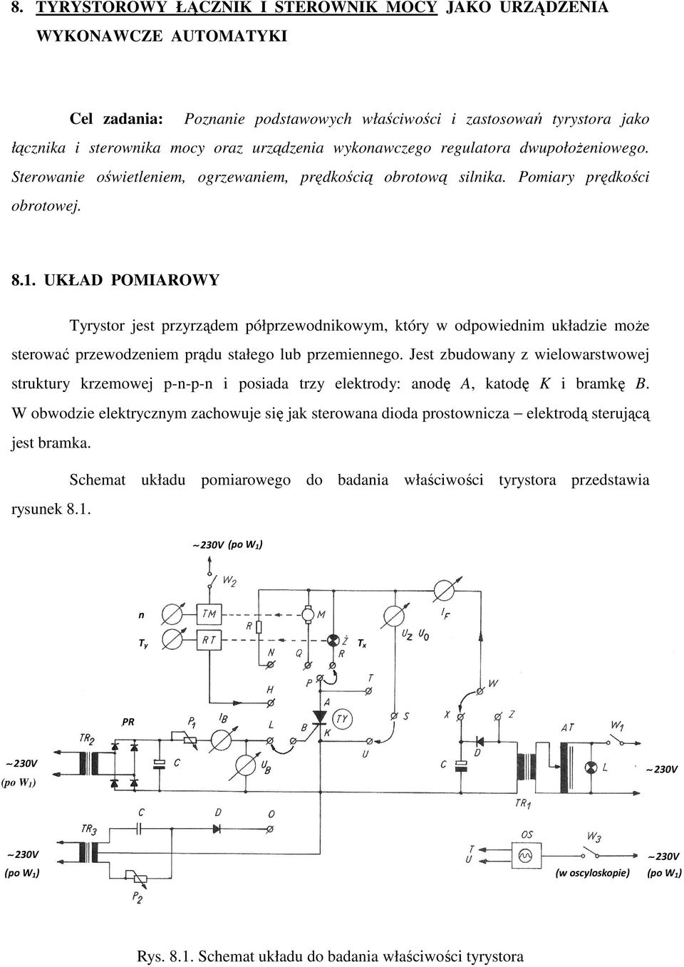 UKŁAD OMIAROWY Tyrystor jest przyrządem półprzewodnikowym, który w odpowiednim układzie może sterować przewodzeniem prądu stałego lub przemiennego.