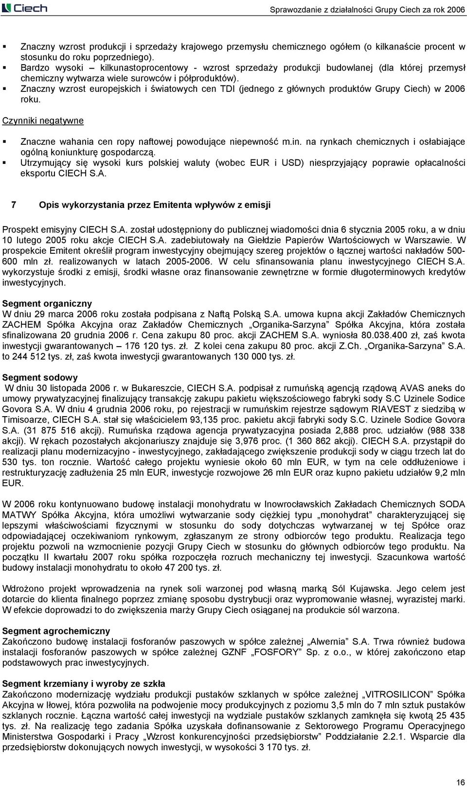 Znaczny wzrost europejskich i światowych cen TDI (jednego z głównych produktów Grupy Ciech) w 2006 roku. UCzynniki negatywne Znaczne wahania cen ropy naftowej powodujące niepewność m.in.