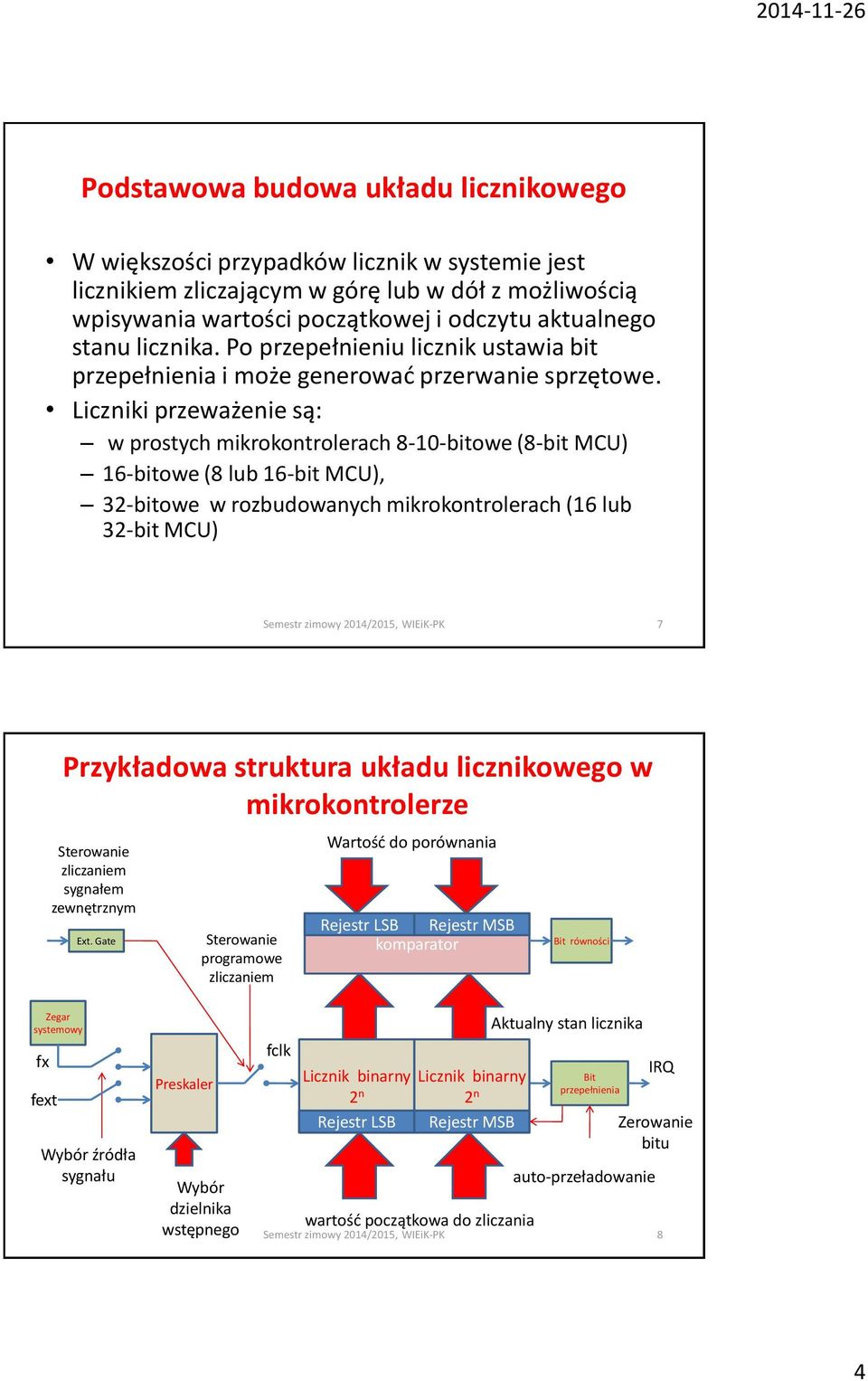 Liczniki przeważenie są: w prostych mikrokontrolerach 8-10-bitowe (8-bit MCU) 16-bitowe (8 lub 16-bit MCU), 32-bitowe w rozbudowanych mikrokontrolerach (16 lub 32-bit MCU) 7 Przykładowa struktura