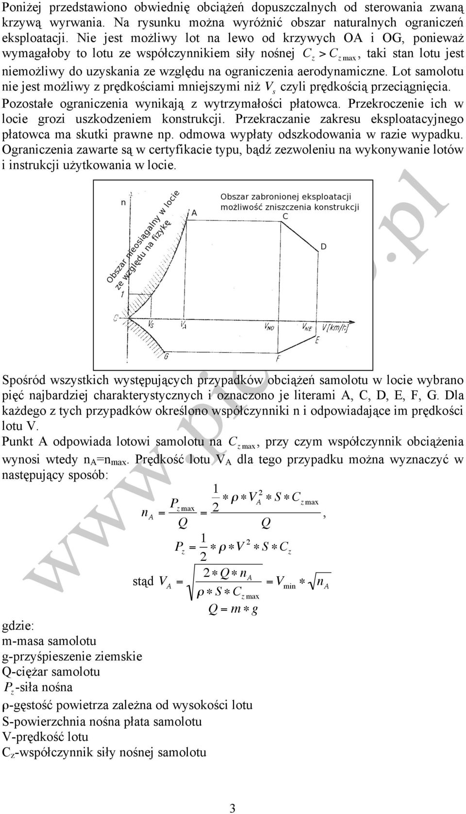 aerodynamiczne. Lot samolotu nie jest możliwy z prędkościami mniejszymi niż V s czyli prędkością przeciągnięcia. Pozostałe ograniczenia wynikają z wytrzymałości płatowca.