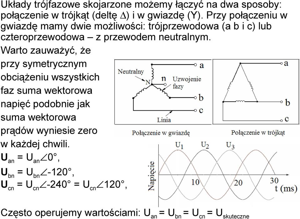 Warto zauważyć, że przy symetrycznym obciążeniu wszystkich faz suma wektorowa napięć podobnie jak suma wektorowa prądów