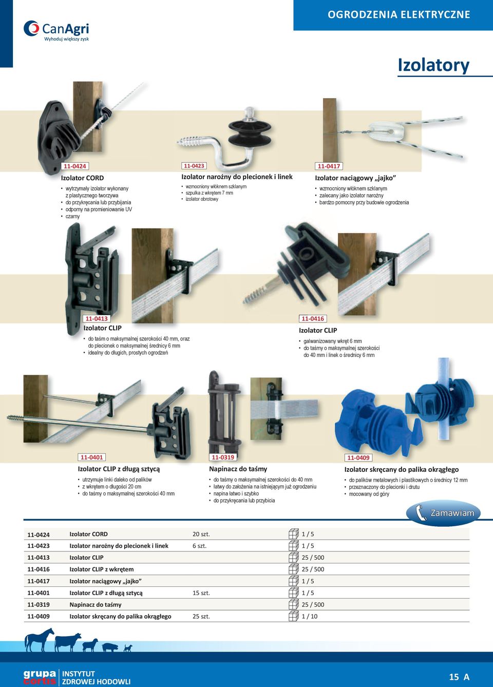 11-0413 Izolator CLIP do taśm o maksymalnej szerokości 40 mm, oraz do plecionek o maksymalnej średnicy 6 mm idealny do długich, prostych ogrodzeń 11-0416 Izolator CLIP galwanizowany wkręt 6 mm do