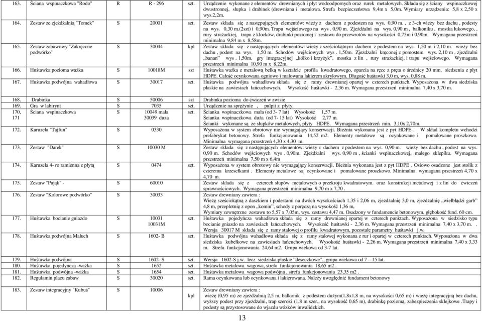 Zestaw ze zjeŝdŝalnią "Tomek" S 20001 Zestaw składa się z następujących elementów: wieŝy z dachem z podestem na wys. 0,90 m., z 3-ch wieŝy bez dachu, podesty na wys. 0,30 m.(2szt) i 0,90m.