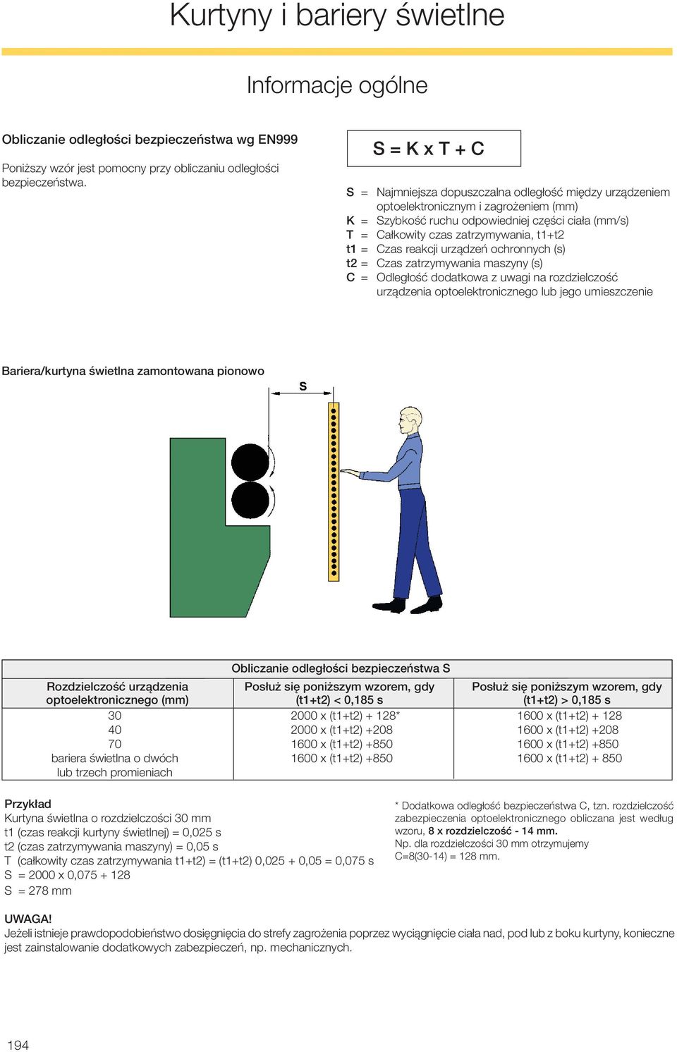 t1+t2 t1 = Czas reakcji urządzeń ochronnych (s) t2 = Czas zatrzymywania maszyny (s) C = Odległość dodatkowa z uwagi na rozdzielczość urządzenia optoelektronicznego lub jego umieszczenie