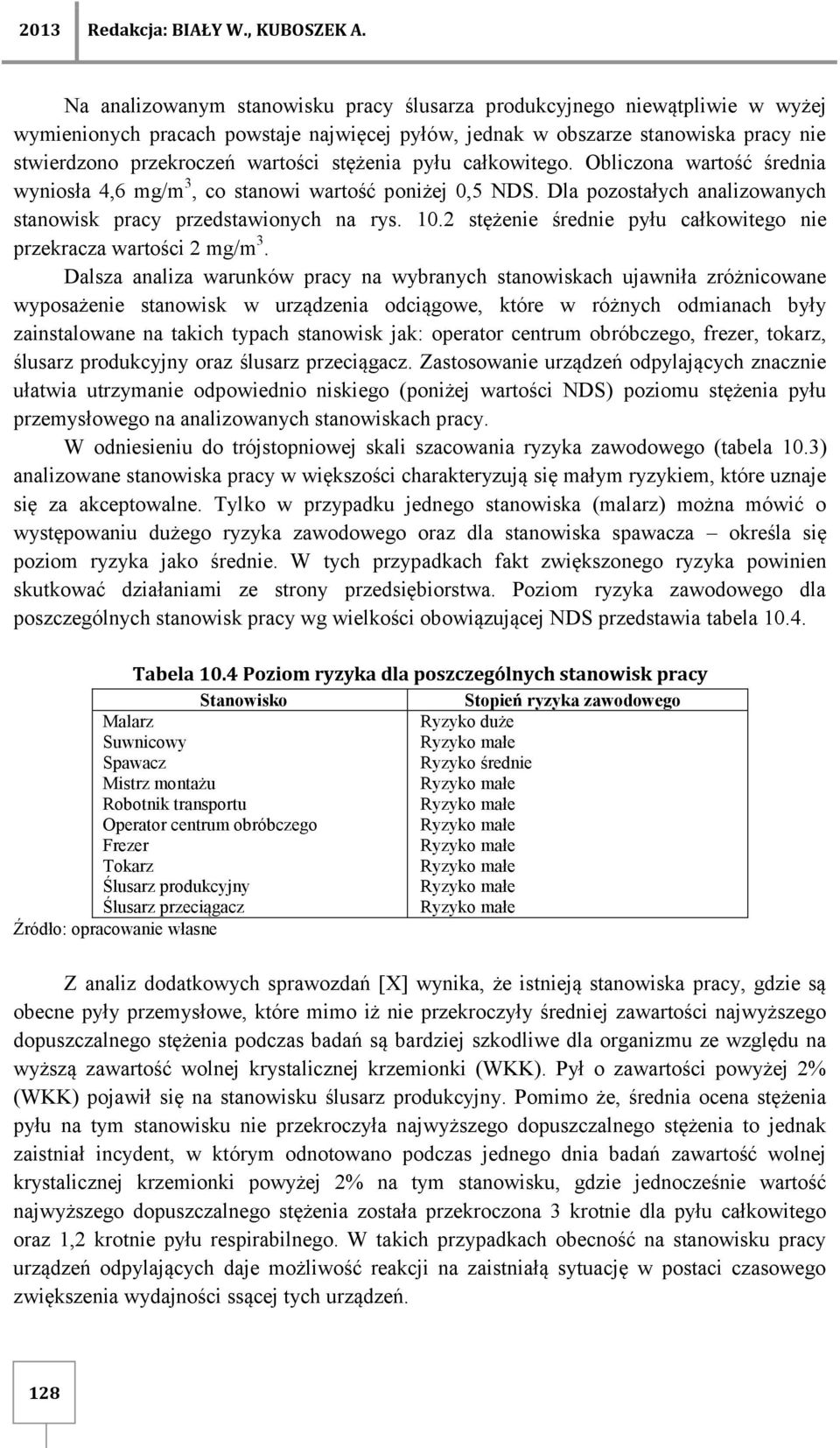 stężenia pyłu całkowitego. Obliczona wartość średnia wyniosła 4,6 mg/m 3, co stanowi wartość poniżej 0,5 NDS. Dla pozostałych analizowanych stanowisk pracy przedstawionych na rys. 10.