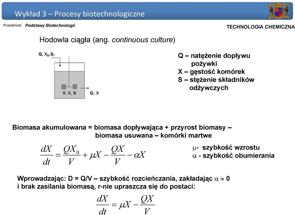 Biomasa akumulowana = biomasa dopływająca + przyrost biomasy biomasa usuwana komórki martwe dx dt QX V =