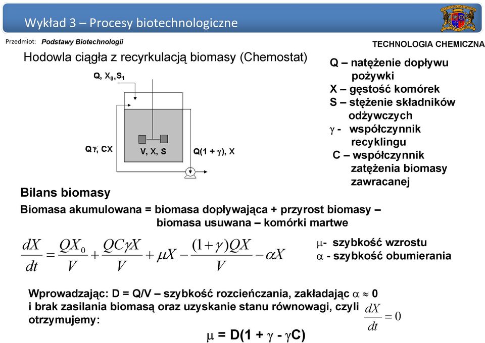 odżywczych γ - współczynnik recyklingu C współczynnik zatężenia biomasy zawracanej µ- szybkość wzrostu α -szybkość obumierania Wprowadzając: