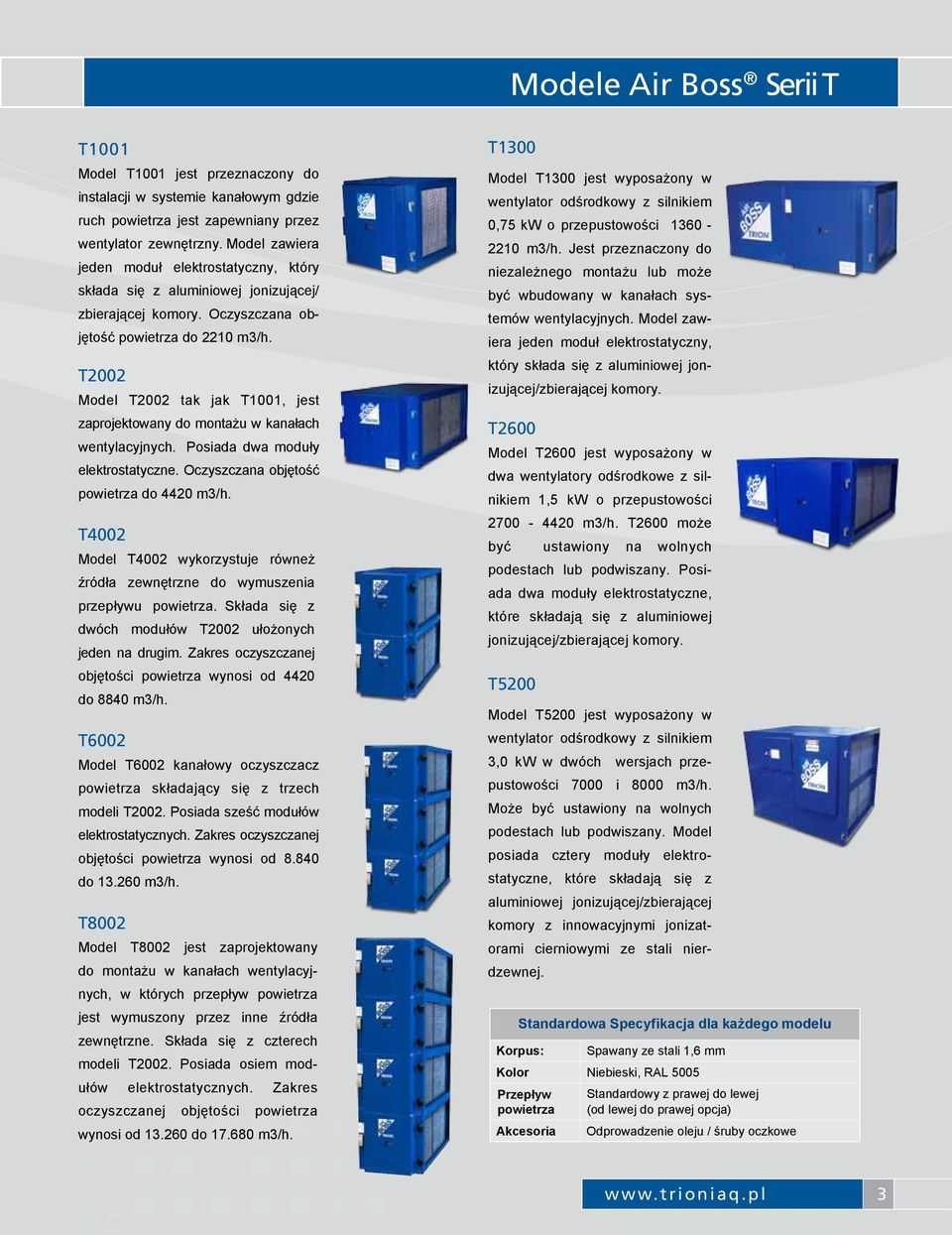 T2002 Model T2002 tak jak T1001, jest zaprojektowany do montażu w kanałach wentylacyjnych. Posiada dwa moduły elektrostatyczne. Oczyszczana objętość powietrza do 4420 m3/h.