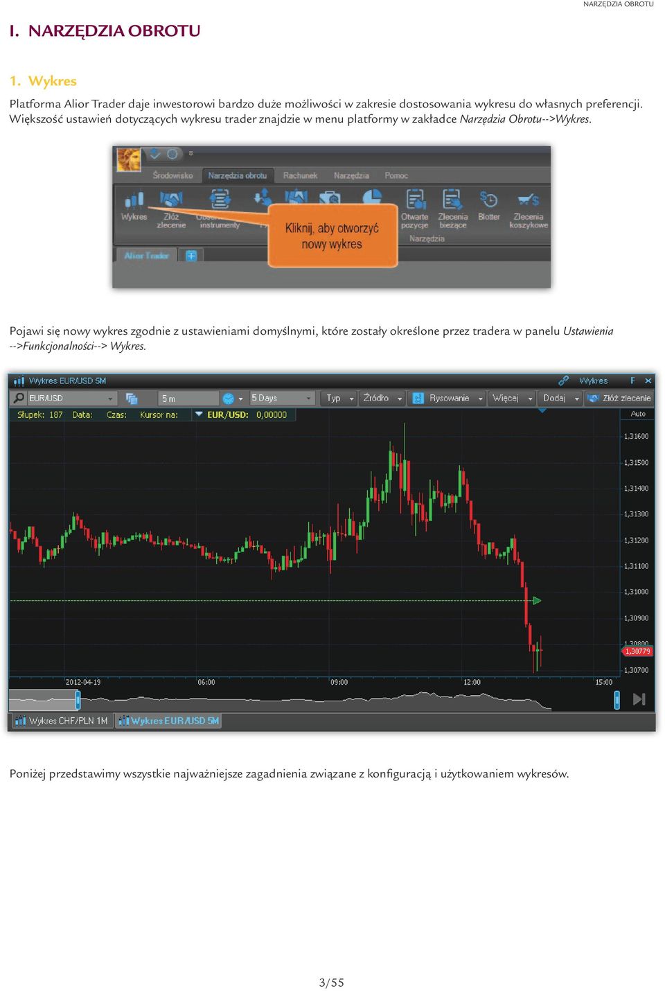 Większość ustawień dotyczących wykresu trader znajdzie w menu platformy w zakładce Narzędzia Obrotu-->Wykres.