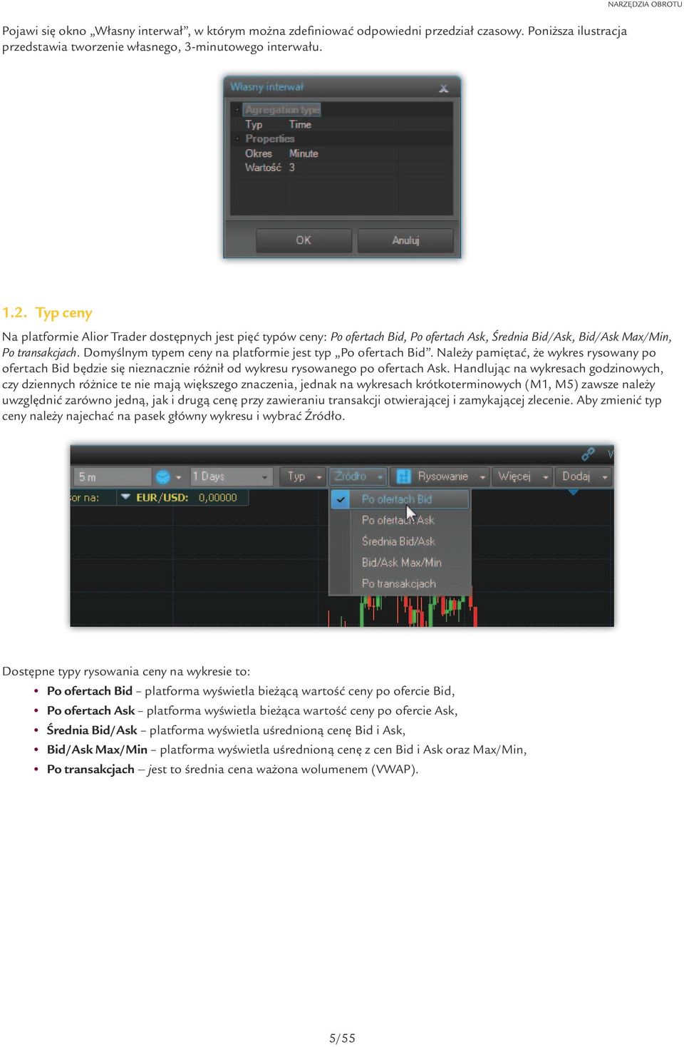 Domyślnym typem ceny na platformie jest typ Po ofertach Bid. Należy pamiętać, że wykres rysowany po ofertach Bid będzie się nieznacznie różnił od wykresu rysowanego po ofertach Ask.